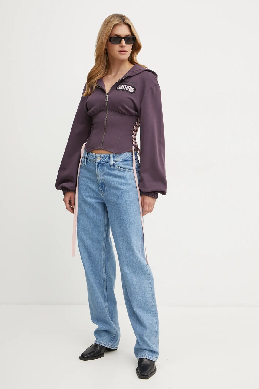 Бавовняна кофта Versace Jeans Couture жіноча колір фіолетовий з капюшоном з принтом 77HAI304 F0010