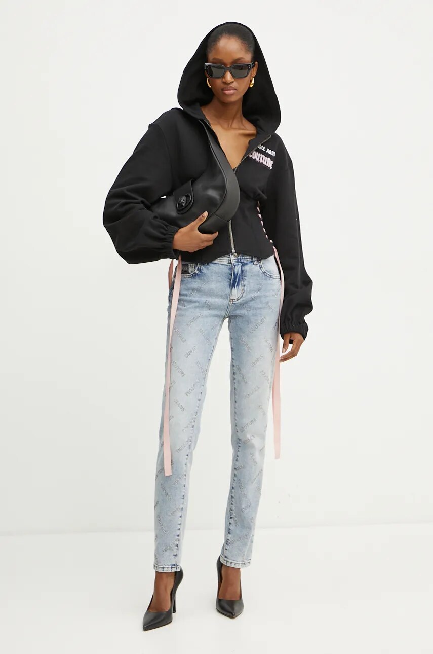 Бавовняна кофта Versace Jeans Couture жіноча колір чорний з капюшоном з принтом 77HAI304 F0010