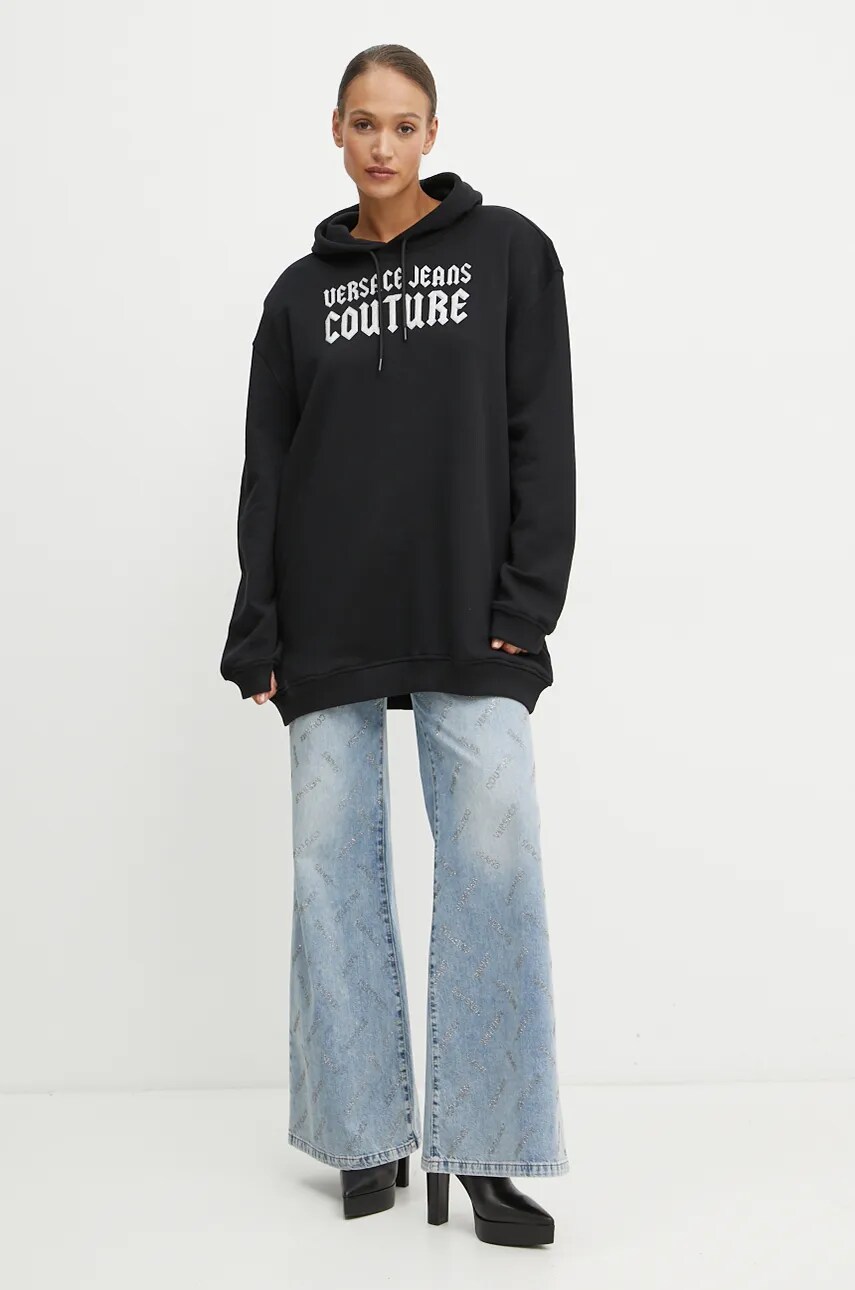 Бавовняна кофта Versace Jeans Couture жіноча колір чорний з капюшоном з аплікацією 77HAIL03 CF00L