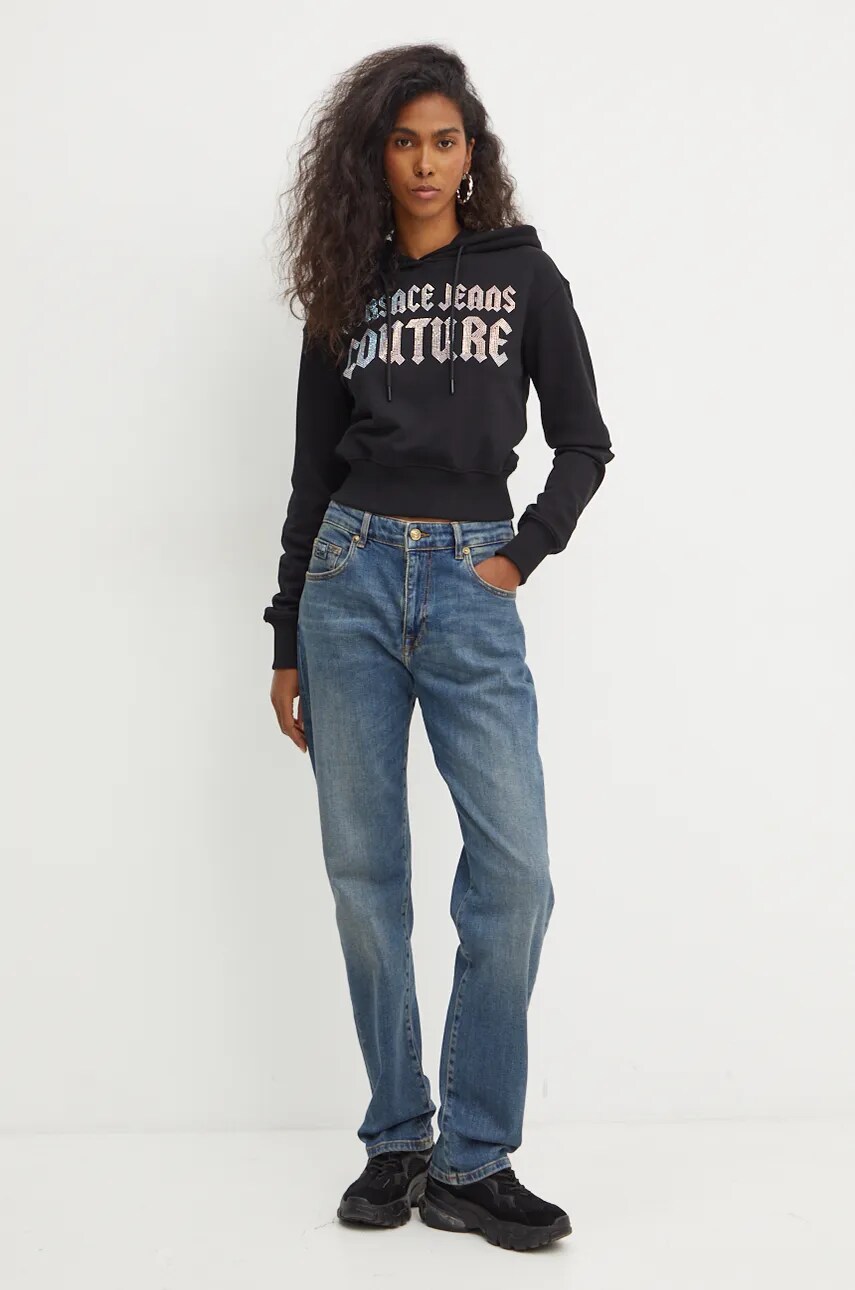 Бавовняна кофта Versace Jeans Couture жіноча колір чорний з капюшоном з аплікацією 77HAIL00 CF00L