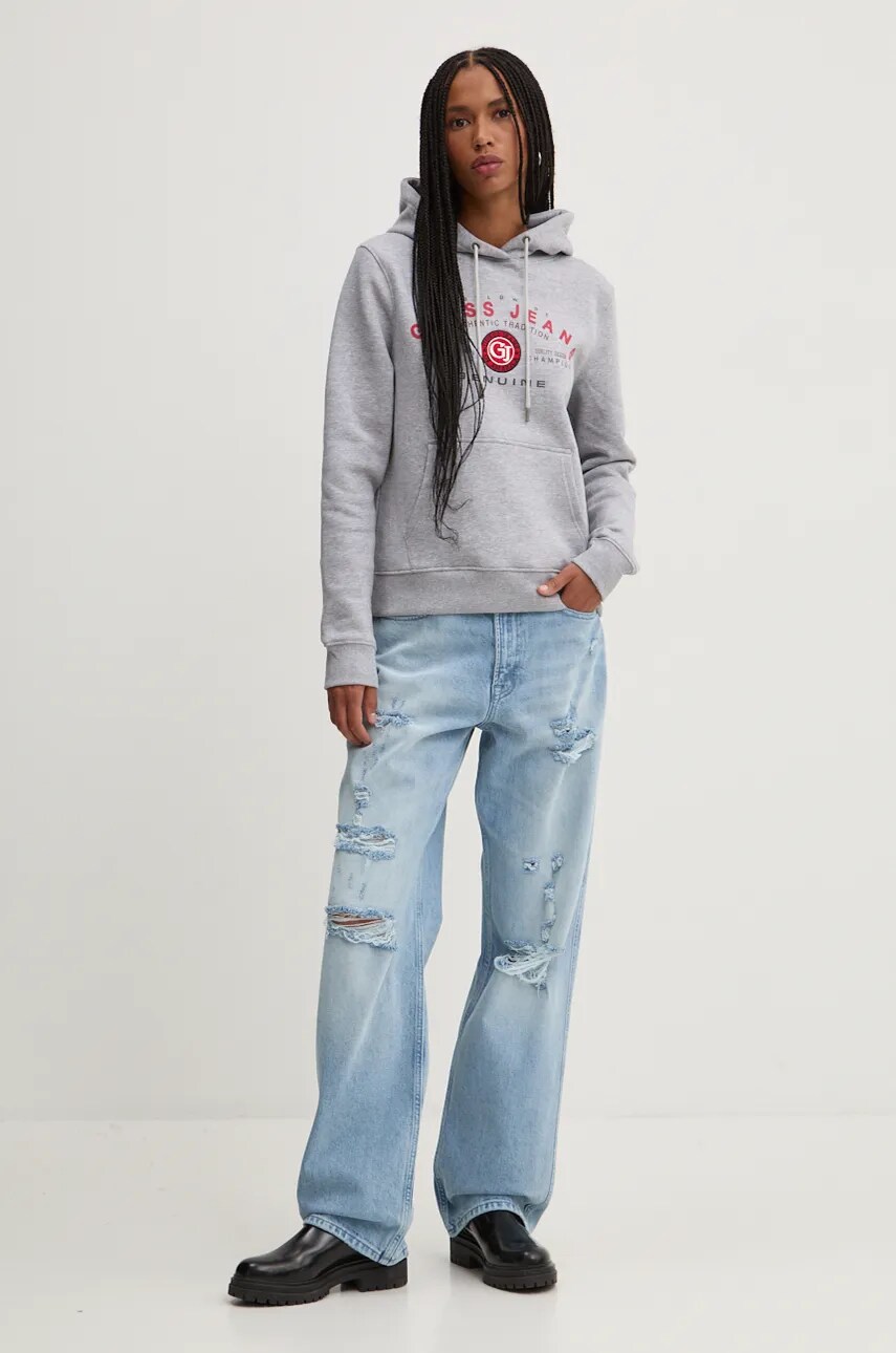 Кофта Guess Jeans жіноча колір сірий з капюшоном з принтом W4BQ20 KC811