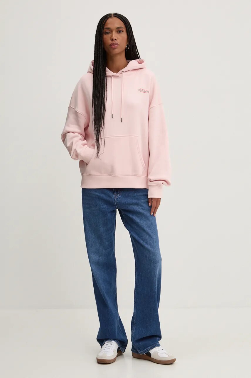 Кофта Guess Jeans жіноча колір рожевий з капюшоном з принтом W4BQ21 KC811