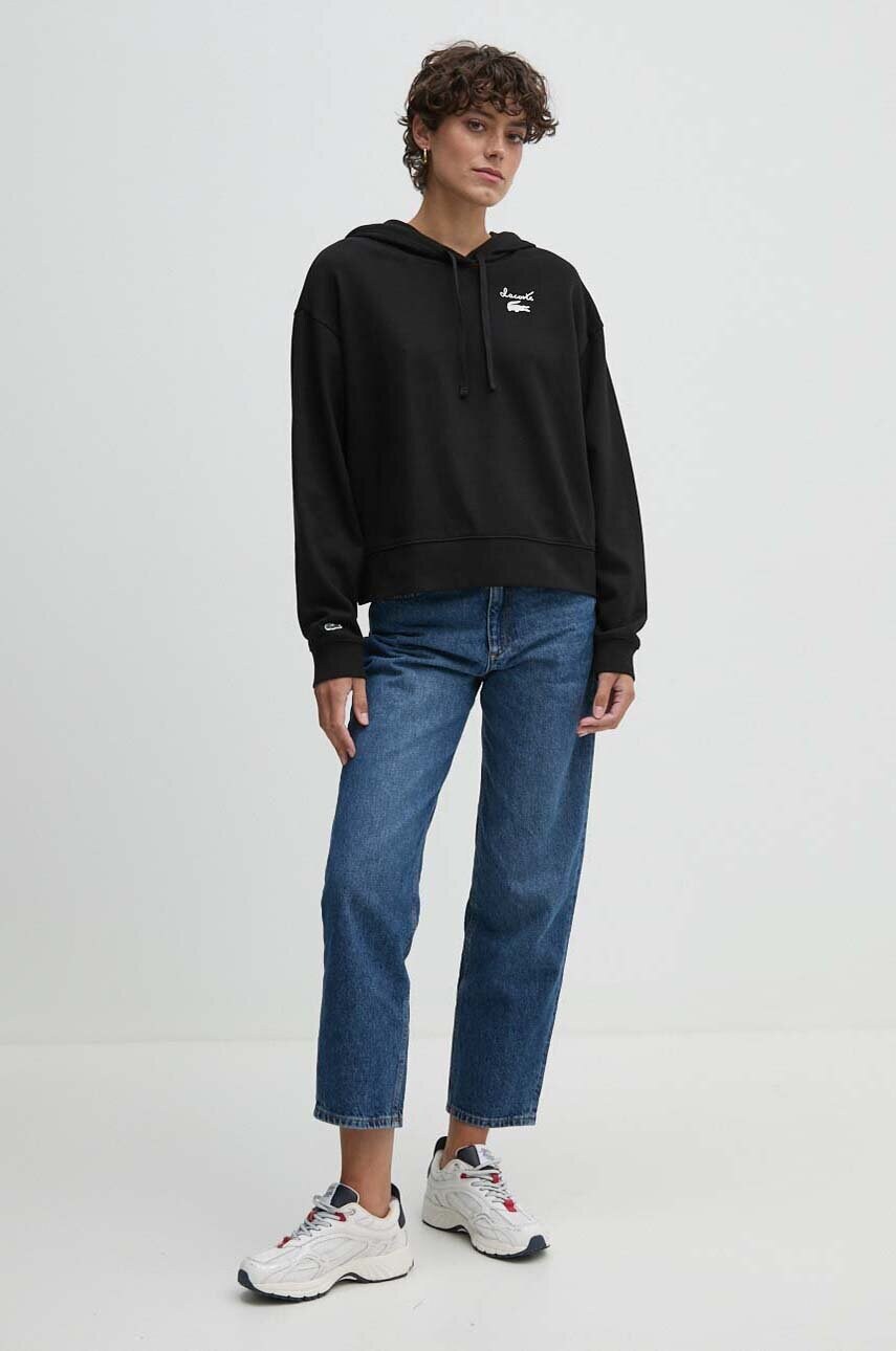 Кофта Lacoste жіноча колір чорний з капюшоном з принтом SF2649