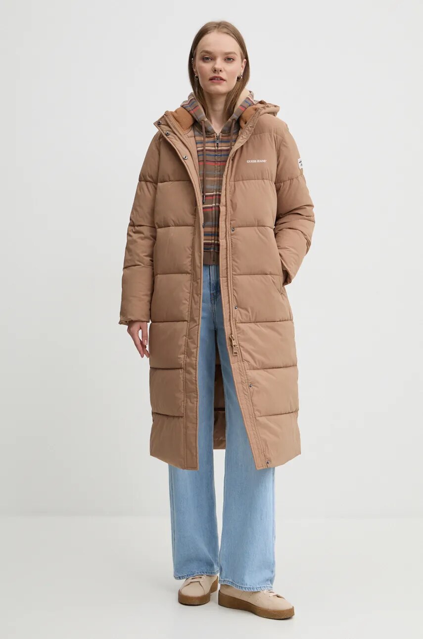 Кофта Guess Originals жіноча колір коричневий з капюшоном візерунок W4BQ00 KC811