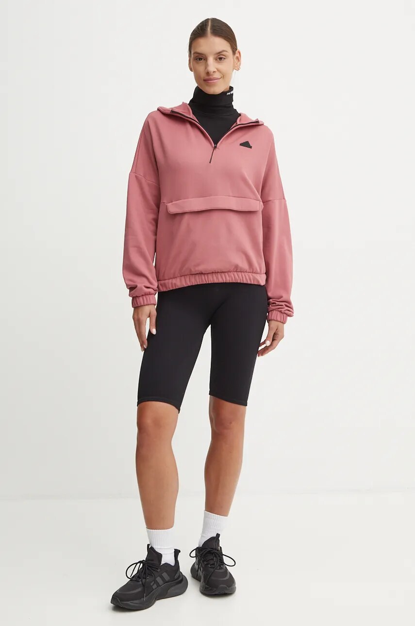 Купити Кофта adidas City Escape жіноча колір рожевий з капюшоном з принтом IW5217 – головне зображення