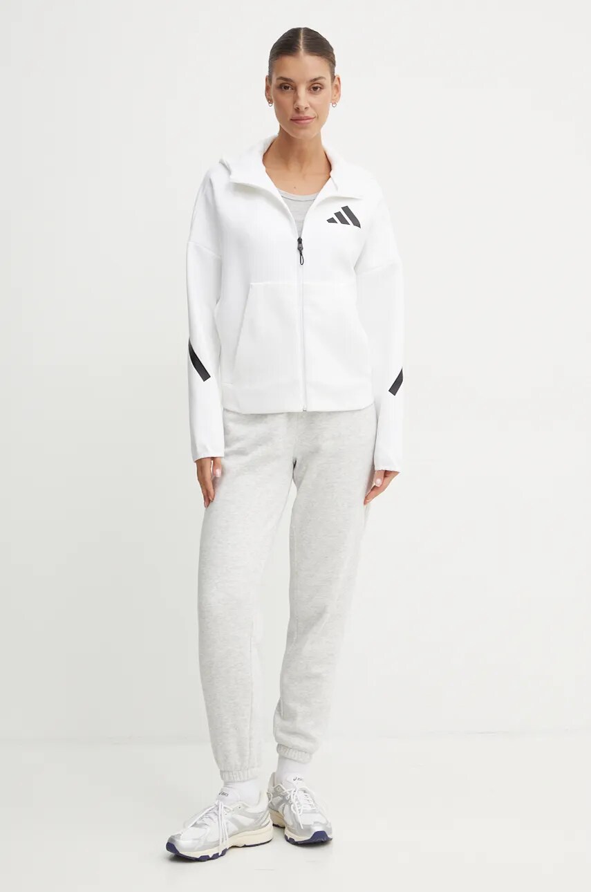 Кофта adidas ZNE жіноча колір білий з капюшоном з принтом JE7849