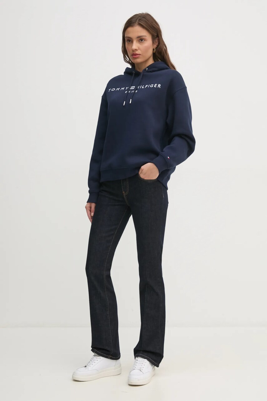 Кофта Tommy Hilfiger жіноча колір синій з капюшоном з аплікацією WW0WW43598