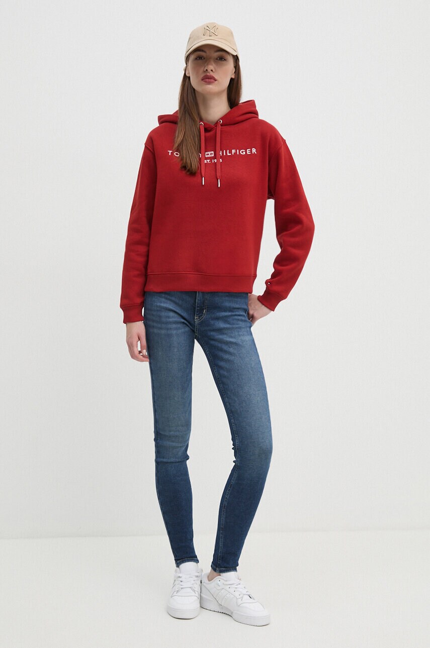 Кофта Tommy Hilfiger жіноча колір бордовий з капюшоном з аплікацією WW0WW43598
