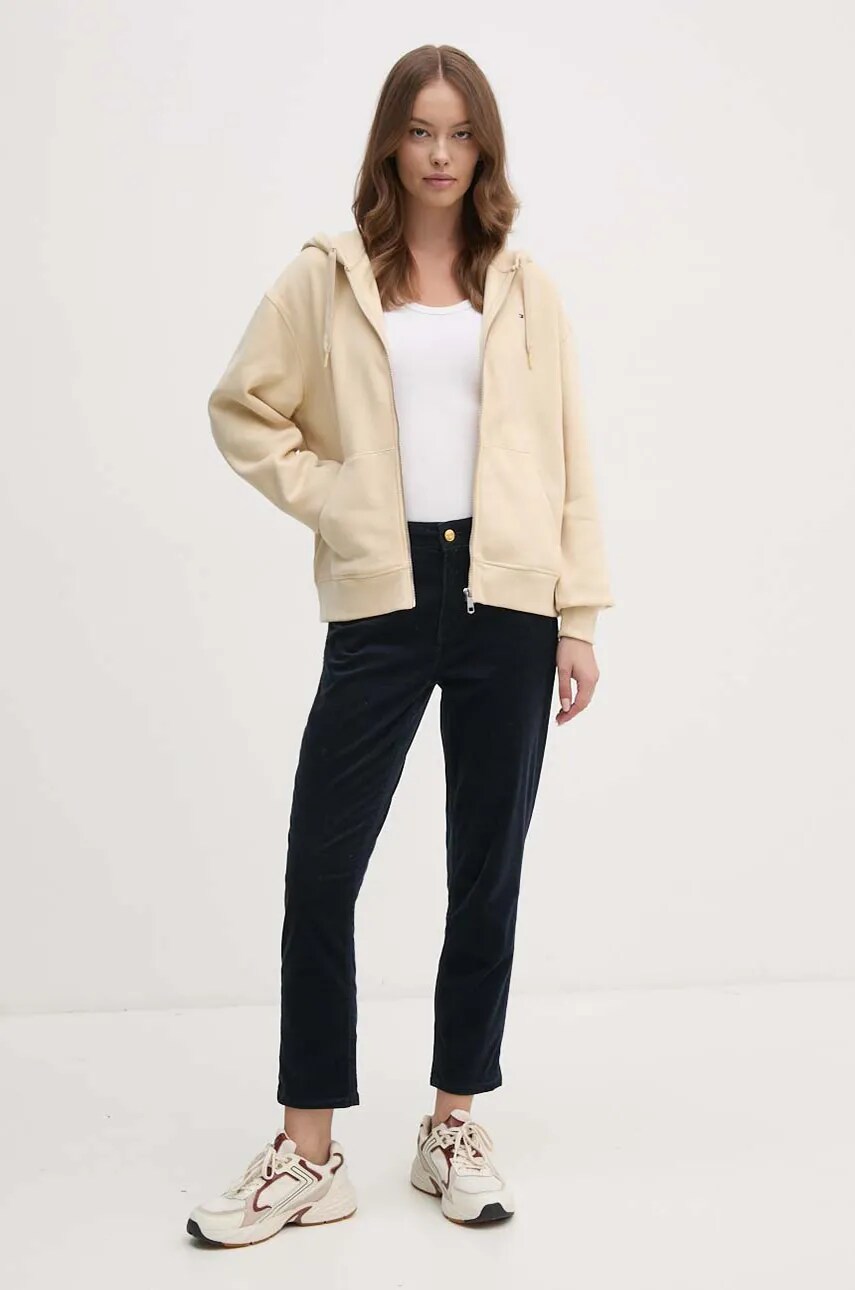 Кофта Tommy Hilfiger жіноча колір бежевий з капюшоном однотонна WW0WW44166