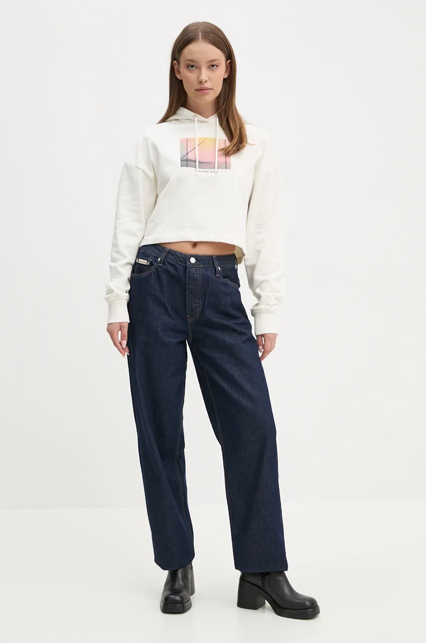 Бавовняна кофта Calvin Klein Jeans жіноча колір бежевий з капюшоном з принтом J20J224168