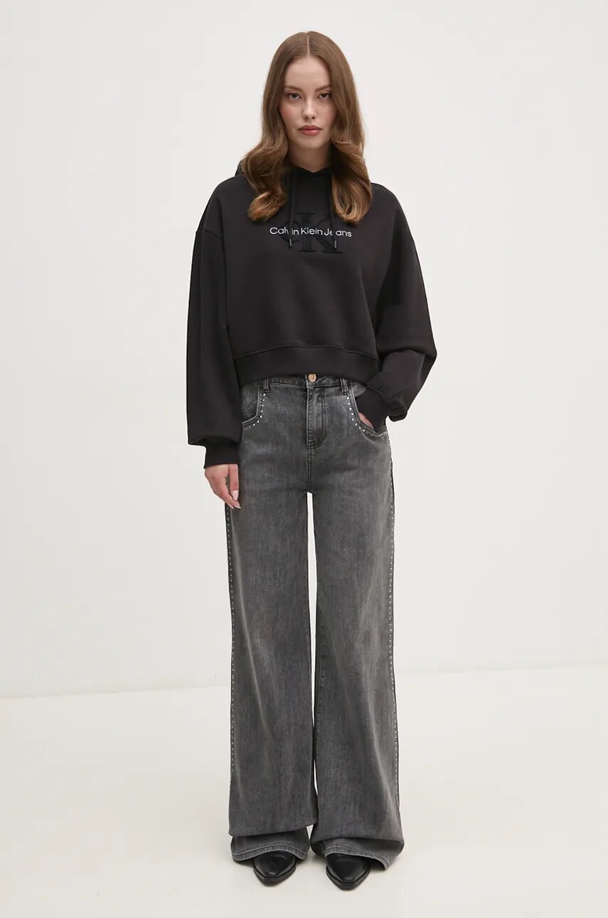 Бавовняна кофта Calvin Klein Jeans жіноча колір чорний з капюшоном з аплікацією J20J224170