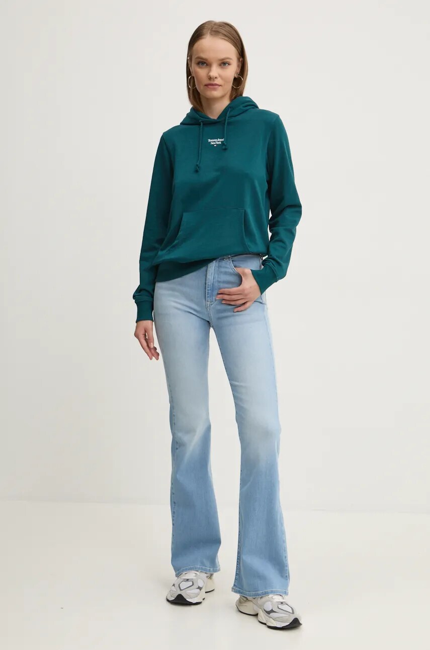 Кофта Tommy Jeans жіноча колір бірюзовий з капюшоном однотонна DW0DW19712