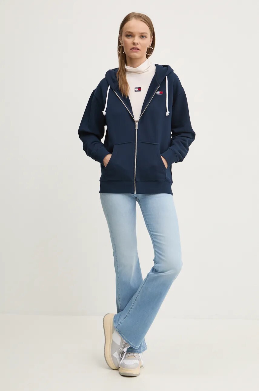 Бавовняна кофта Tommy Jeans жіноча колір синій з капюшоном однотонна DW0DW19932