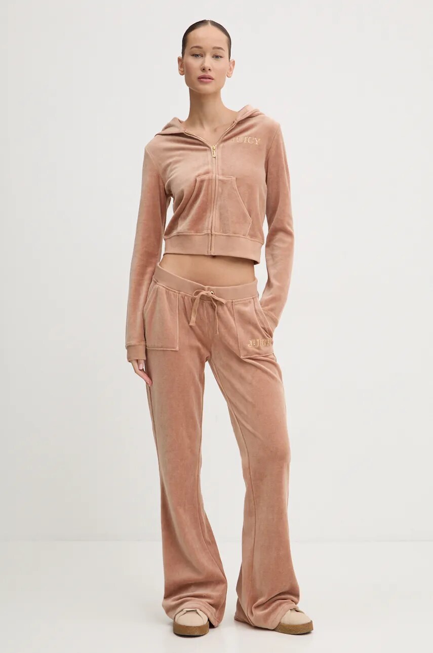 Велюрова кофта Juicy Couture HERITAGE CROWN ROBYN HOODIE колір коричневий з капюшоном з аплікацією JCGAS224011