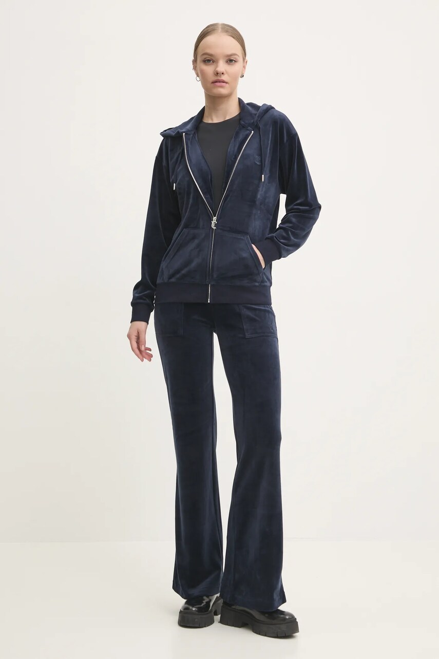 Велюрова кофта Juicy Couture HALAN OVERSIZED HOODIE колір синій з капюшоном однотонна JCWAS24342