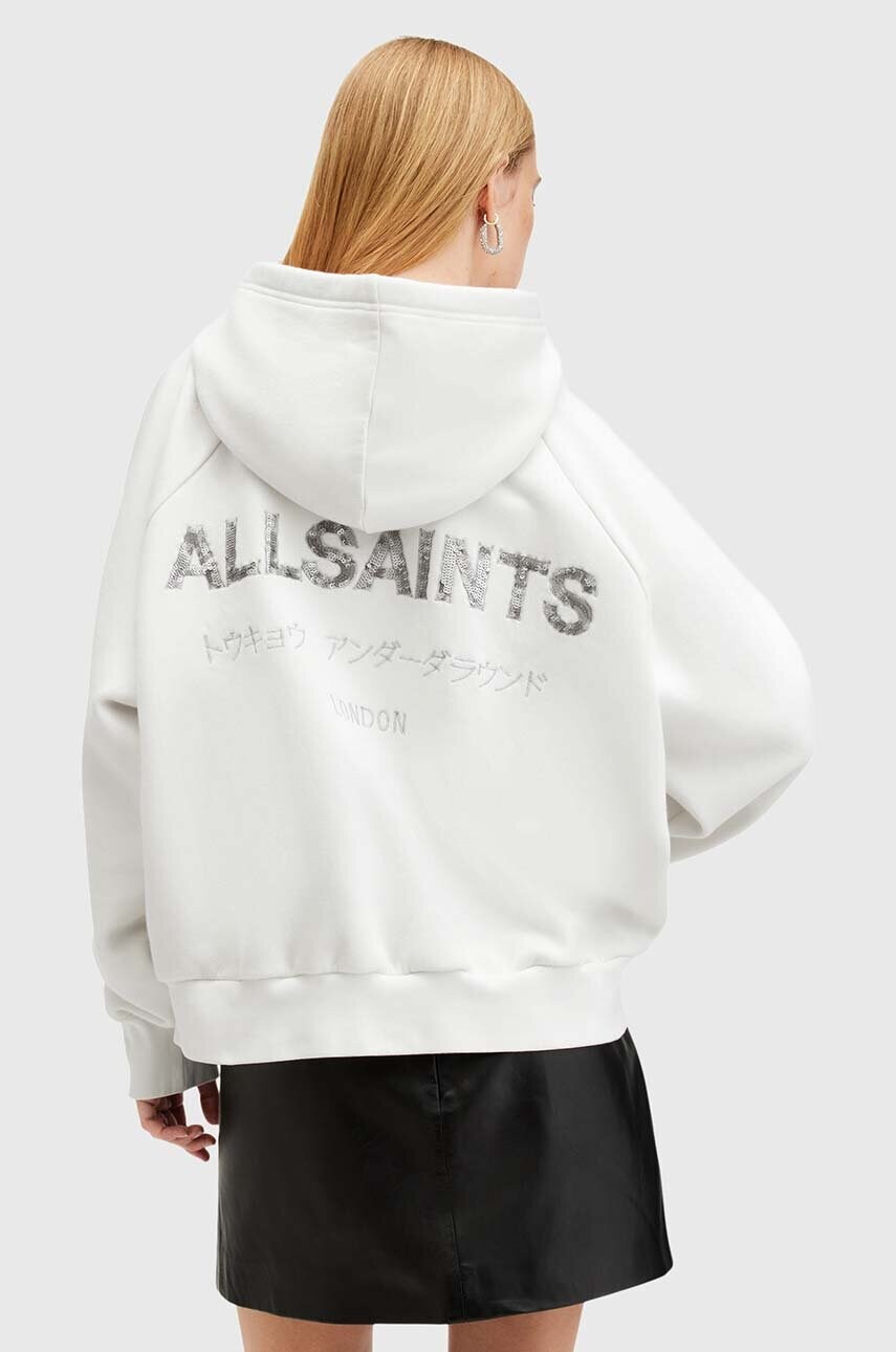 Бавовняна кофта AllSaints TALON UNDRGRND HOODY жіноча колір білий з капюшоном з принтом W051JB