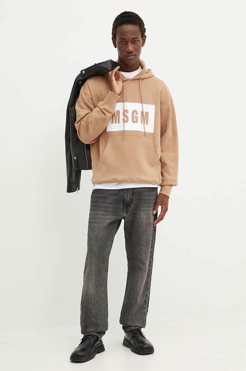 Бавовняна кофта MSGM чоловіча колір бежевий з капюшоном з принтом 3740MM525.247799