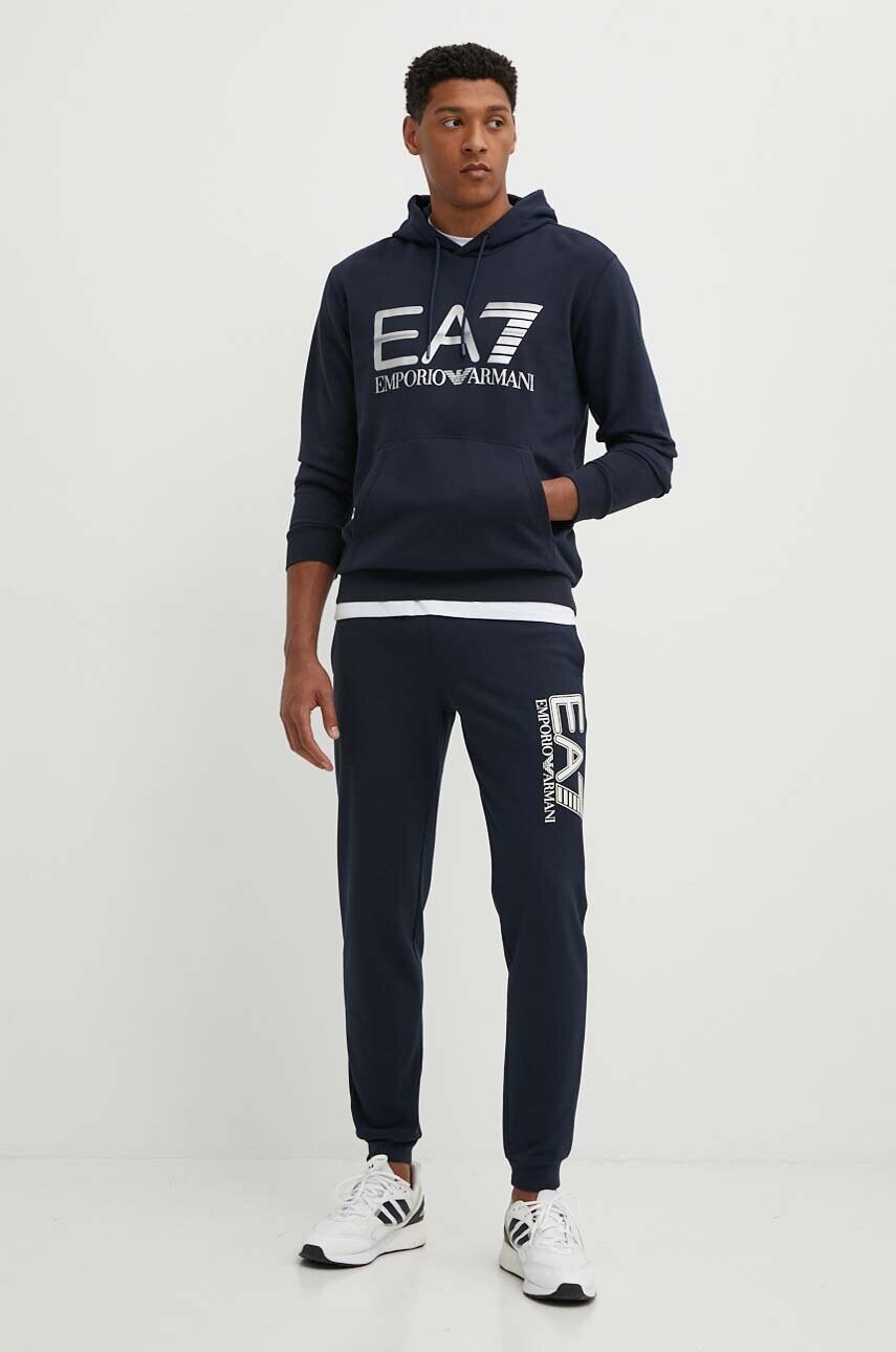 Бавовняна кофта EA7 Emporio Armani чоловіча колір синій з капюшоном з принтом PJSHZ.6DPM16