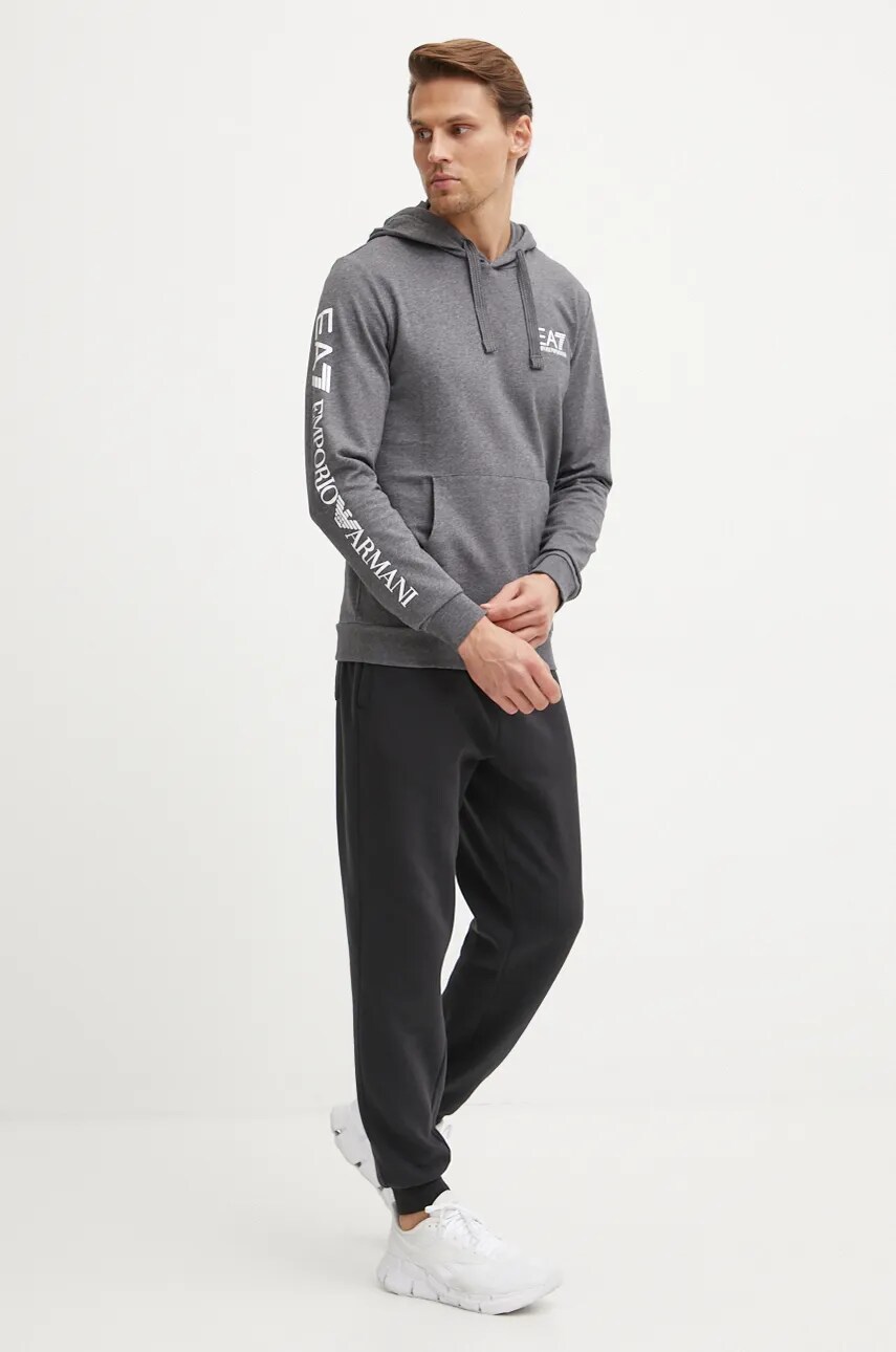 Бавовняна кофта EA7 Emporio Armani чоловіча колір сірий з капюшоном з принтом PJ05Z.8NPM18