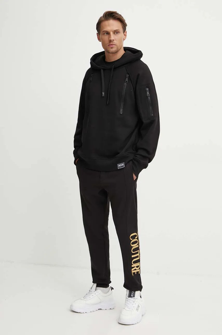 Бавовняна кофта Versace Jeans Couture чоловіча колір чорний з капюшоном однотонна 77GAI307 F0002
