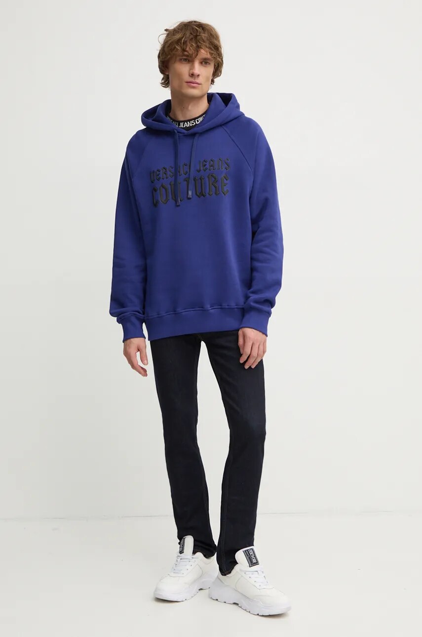 Бавовняна кофта Versace Jeans Couture чоловіча колір синій з капюшоном з принтом 77GAIL02 CF02L