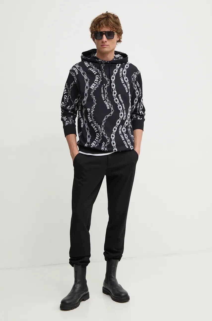 Бавовняна кофта Versace Jeans Couture чоловіча колір чорний з капюшоном візерунок 77GAI3H0 FS160