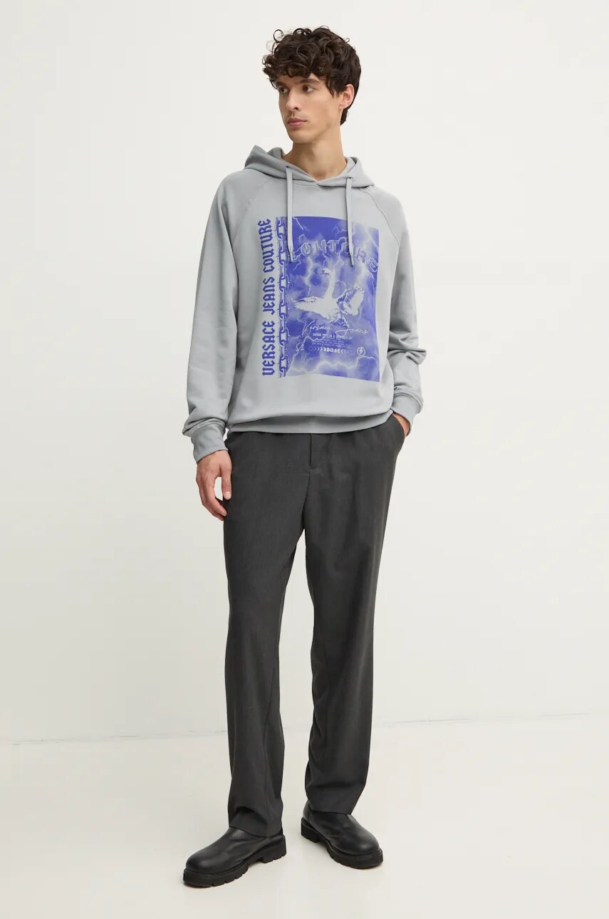 Бавовняна кофта Versace Jeans Couture чоловіча колір сірий з капюшоном з принтом 77GAIT07 CF00T