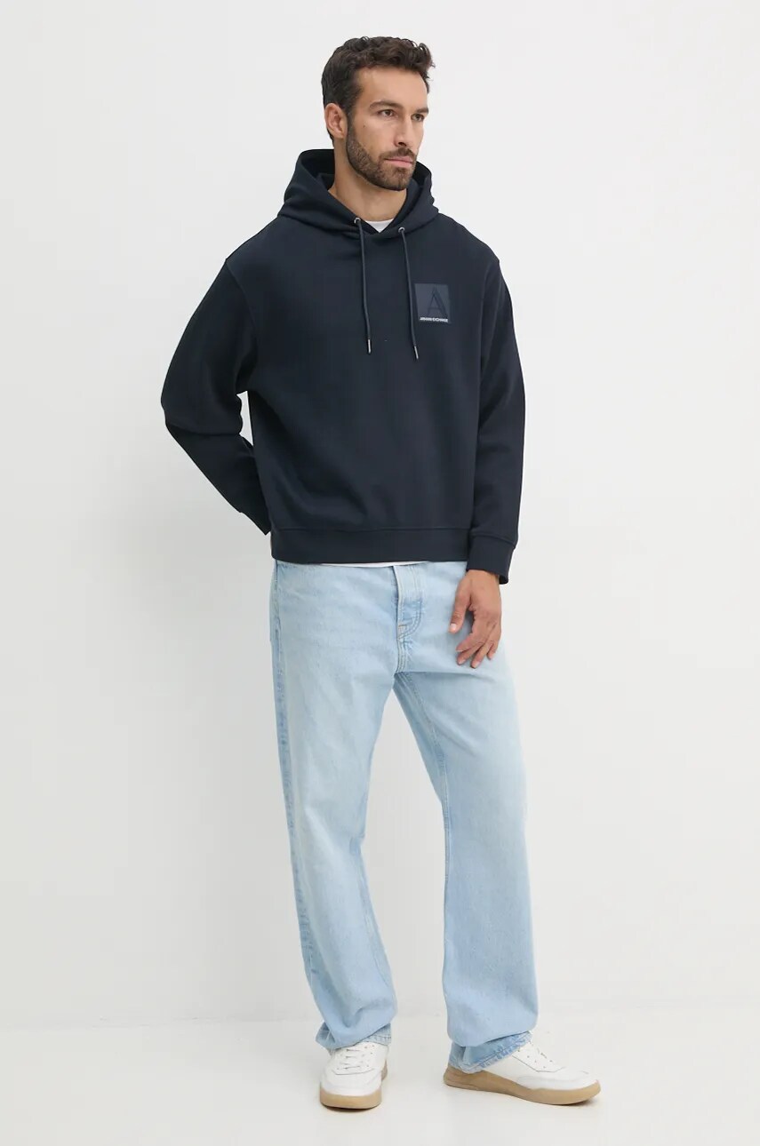 Кофта Armani Exchange чоловіча колір синій з капюшоном з аплікацією 6DZMJB ZJNKZ