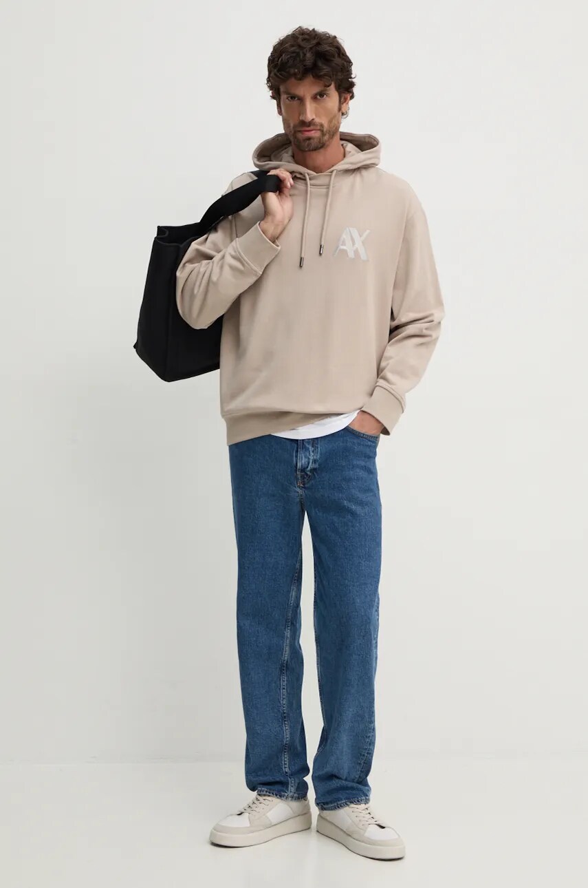 Бавовняна кофта Armani Exchange чоловіча колір бежевий з капюшоном з аплікацією 6DZMJE ZJ4XZ