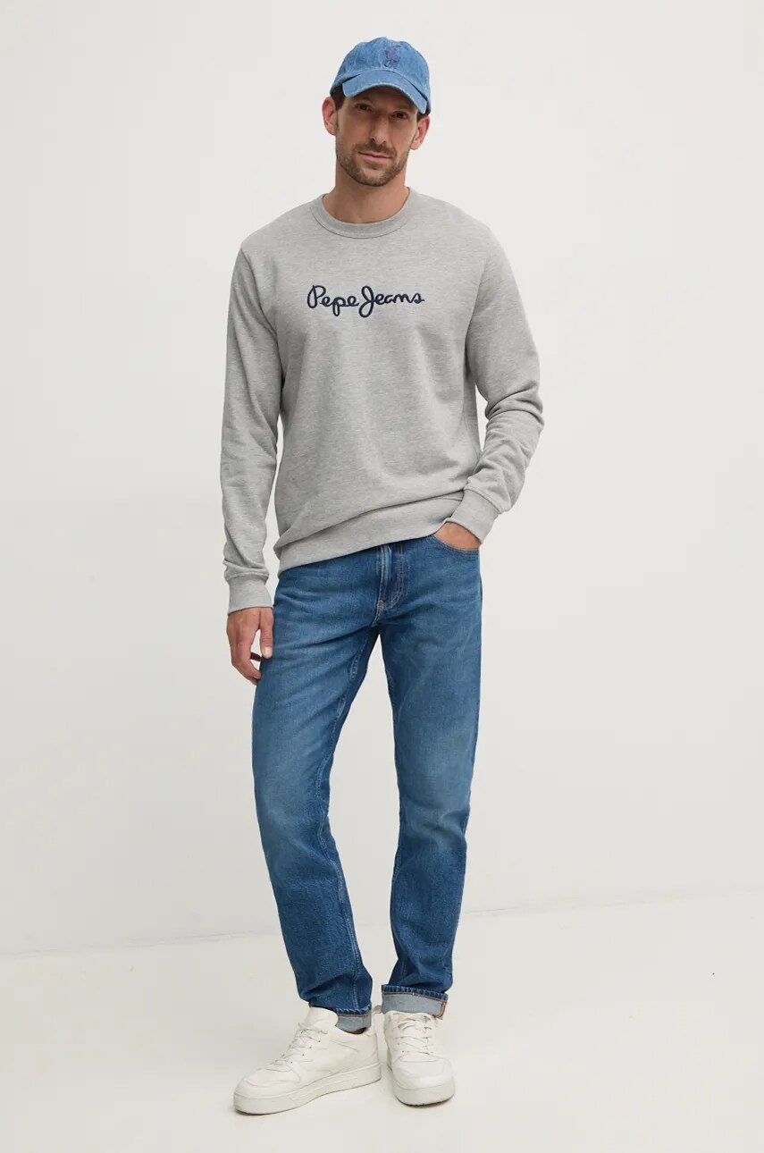 Бавовняна кофта Pepe Jeans NEW JOE CREW чоловіча колір сірий з аплікацією PM582715