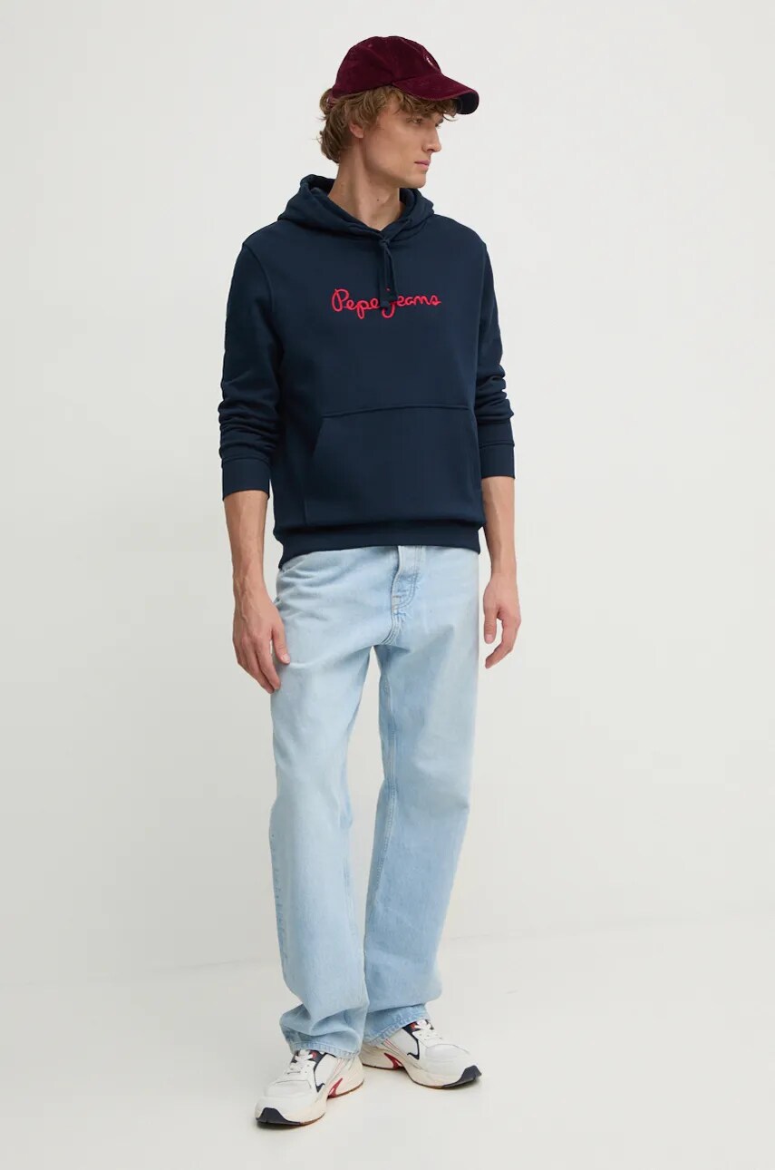 Бавовняна кофта Pepe Jeans NEW JOE HOODIE чоловіча колір синій з капюшоном з аплікацією PM582716