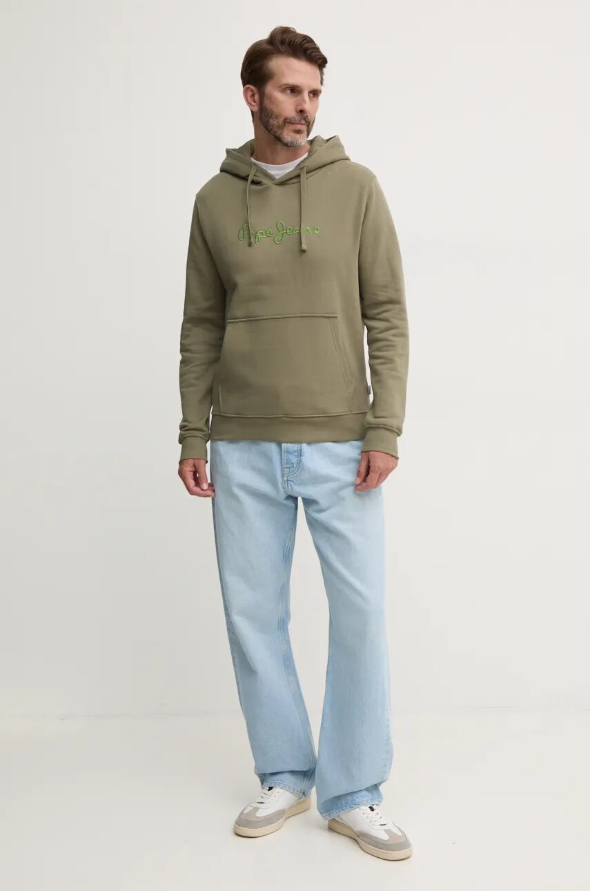 Бавовняна кофта Pepe Jeans NEW JOE HOODIE чоловіча колір зелений з капюшоном з аплікацією PM582716