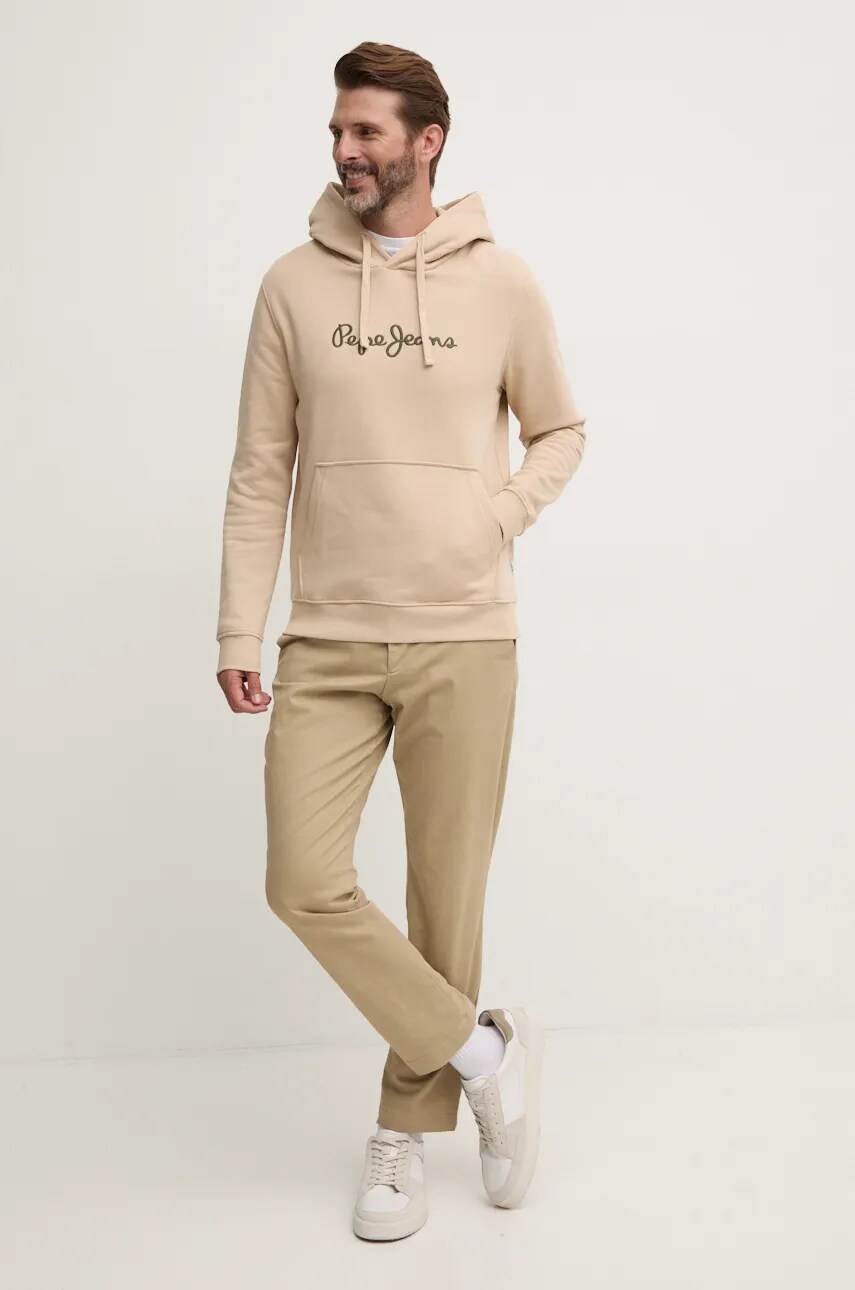 Бавовняна кофта Pepe Jeans NEW JOE HOODIE чоловіча колір бежевий з капюшоном з аплікацією PM582716