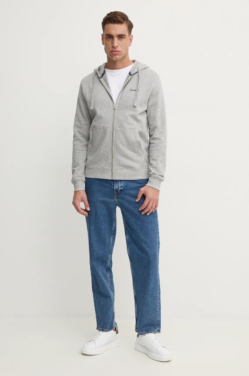 Бавовняна кофта Pepe Jeans NEW JOE ZIP чоловіча колір сірий з капюшоном з аплікацією PM582717