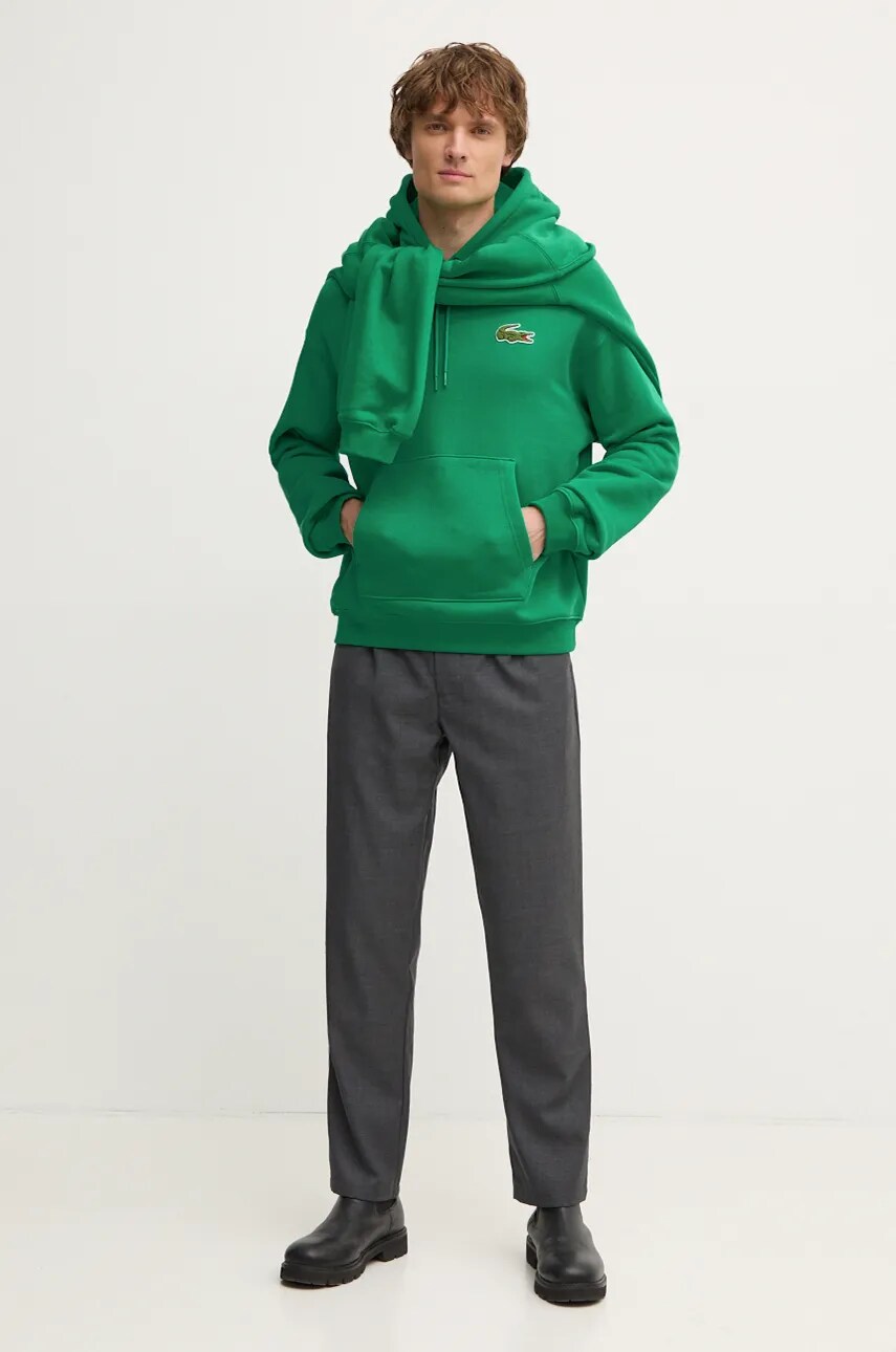 Бавовняна кофта Lacoste чоловіча колір зелений з капюшоном однотонна SH2754