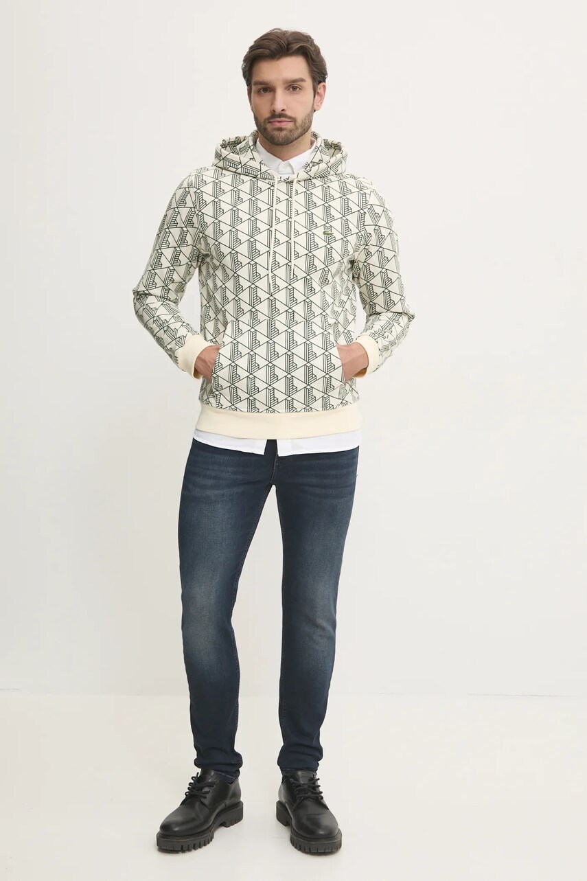 Бавовняна кофта Lacoste чоловіча колір бежевий з капюшоном візерунок SH2855