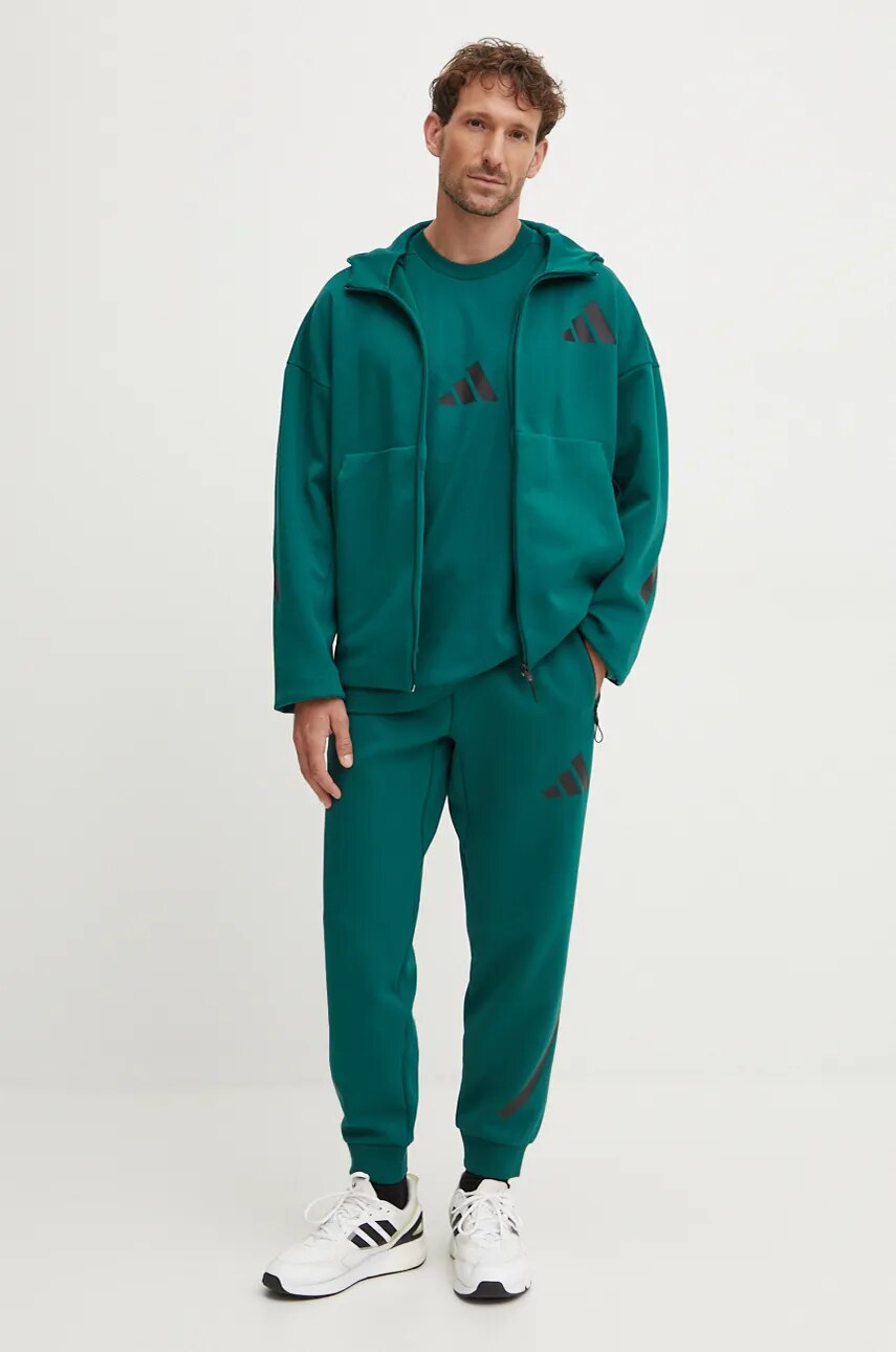 Кофта adidas ZNE чоловіча колір зелений з капюшоном з принтом JF6539