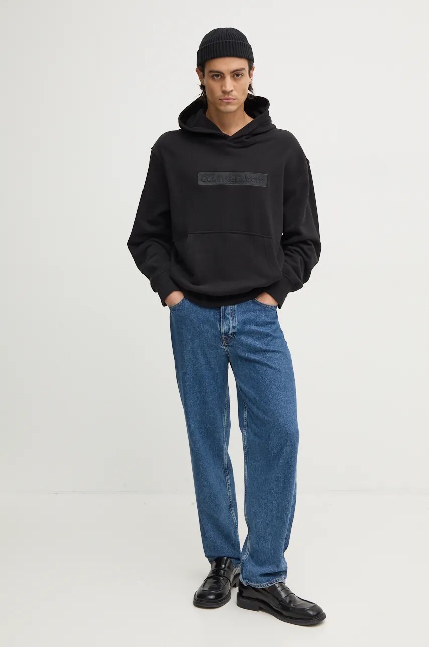 Бавовняна кофта Calvin Klein Jeans чоловіча колір чорний з капюшоном з аплікацією J30J326147