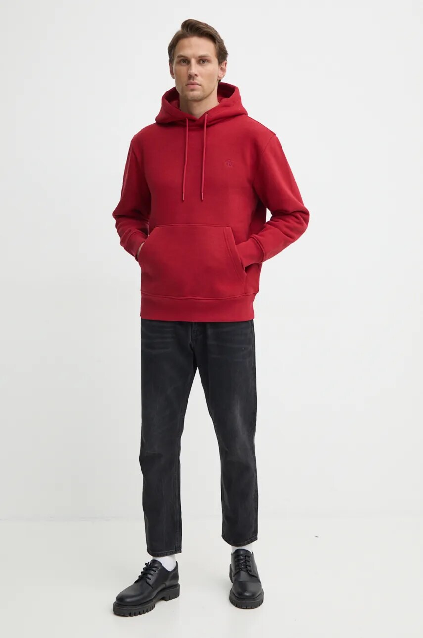 Кофта Calvin Klein Jeans чоловіча колір бордовий з капюшоном однотонна J30J326459