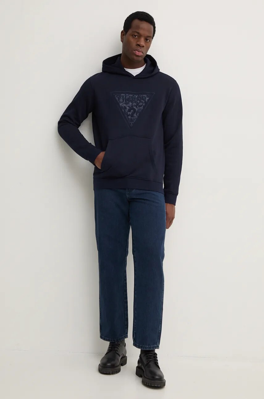 Кофта Guess EMBROIDERED чоловіча колір синій з капюшоном з аплікацією M4BQ25.K9Z21