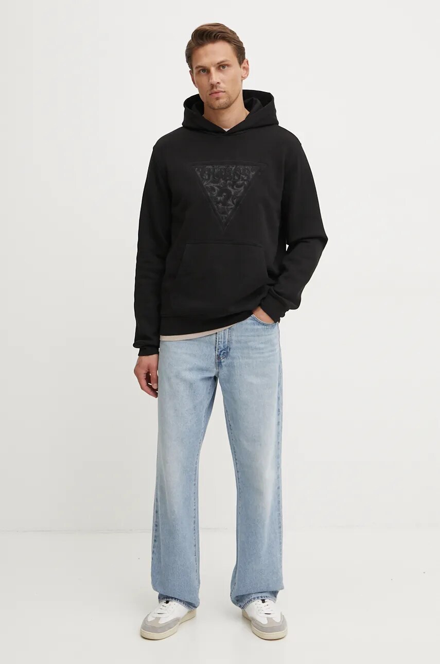 Кофта Guess EMBROIDERED чоловіча колір чорний з капюшоном з аплікацією M4BQ25.K9Z21
