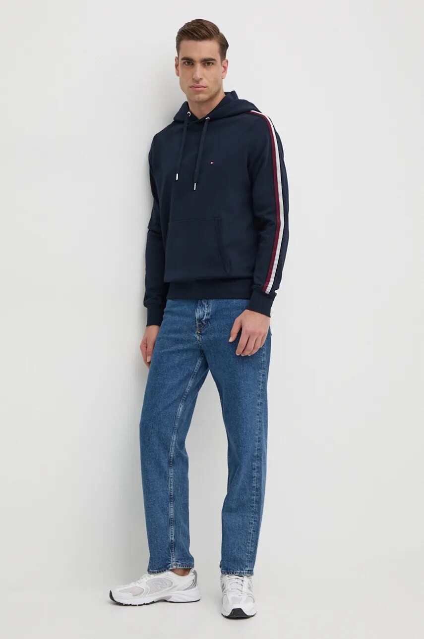 Бавовняна кофта Tommy Hilfiger чоловіча колір синій з капюшоном з аплікацією MW0MW37225