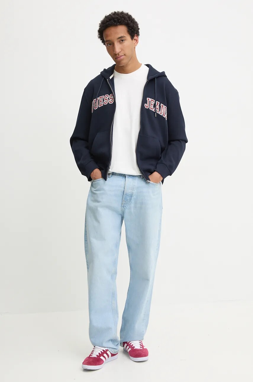 Кофта Guess Jeans чоловіча колір синій з капюшоном з аплікацією M4BQ35 K9V31