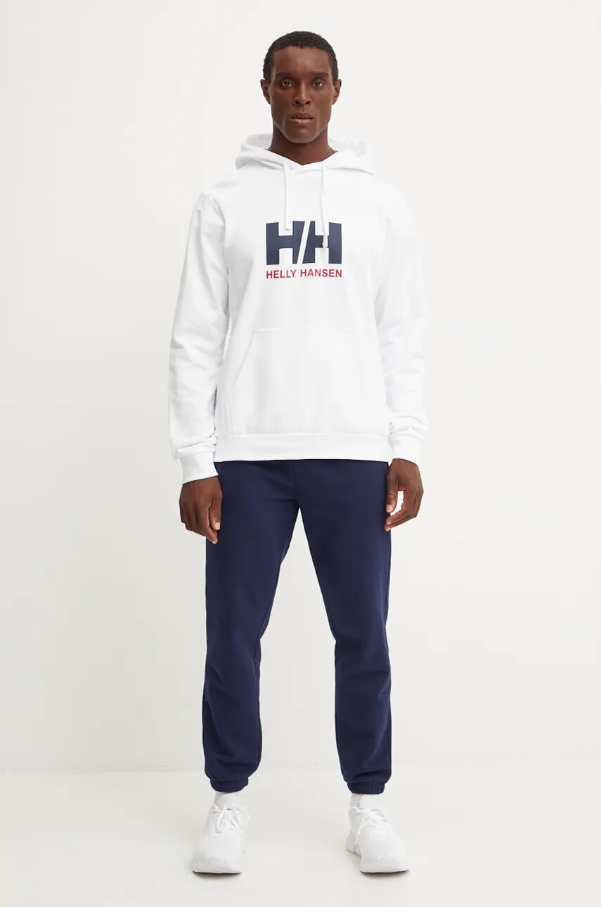 Бавовняна кофта Helly Hansen HH LOGO чоловіча колір білий з капюшоном з принтом 30394
