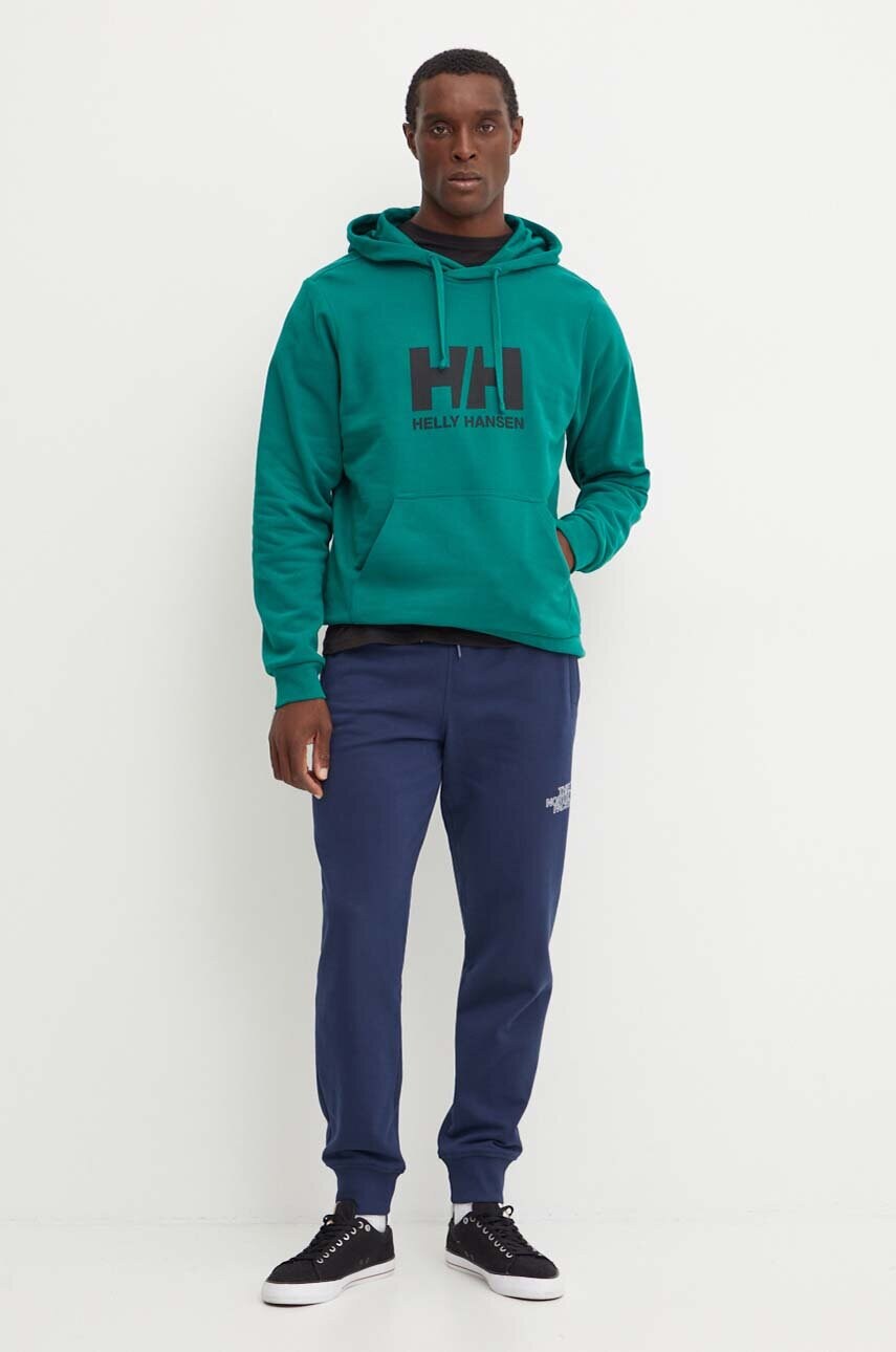 Бавовняна кофта Helly Hansen HH LOGO чоловіча колір зелений з капюшоном з принтом 30394