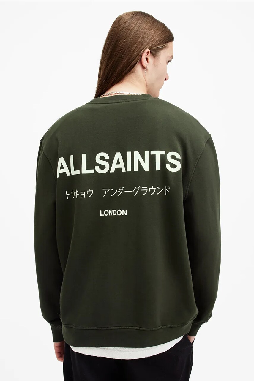 Бавовняна кофта AllSaints UNDERGROUND чоловіча колір зелений з принтом M033NB