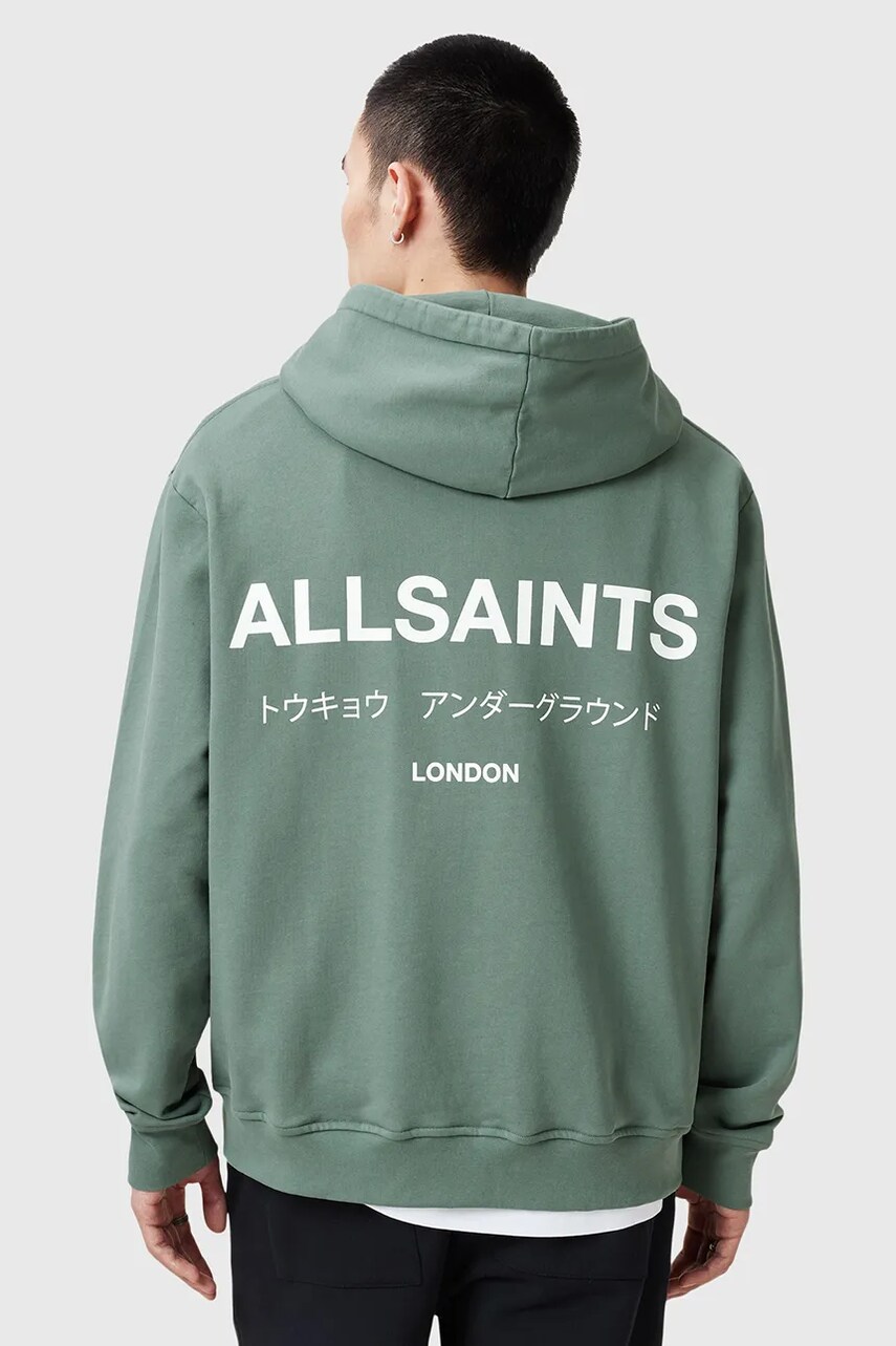 Бавовняна кофта AllSaints UNDERGROUND чоловіча колір зелений з капюшоном з принтом M034NB