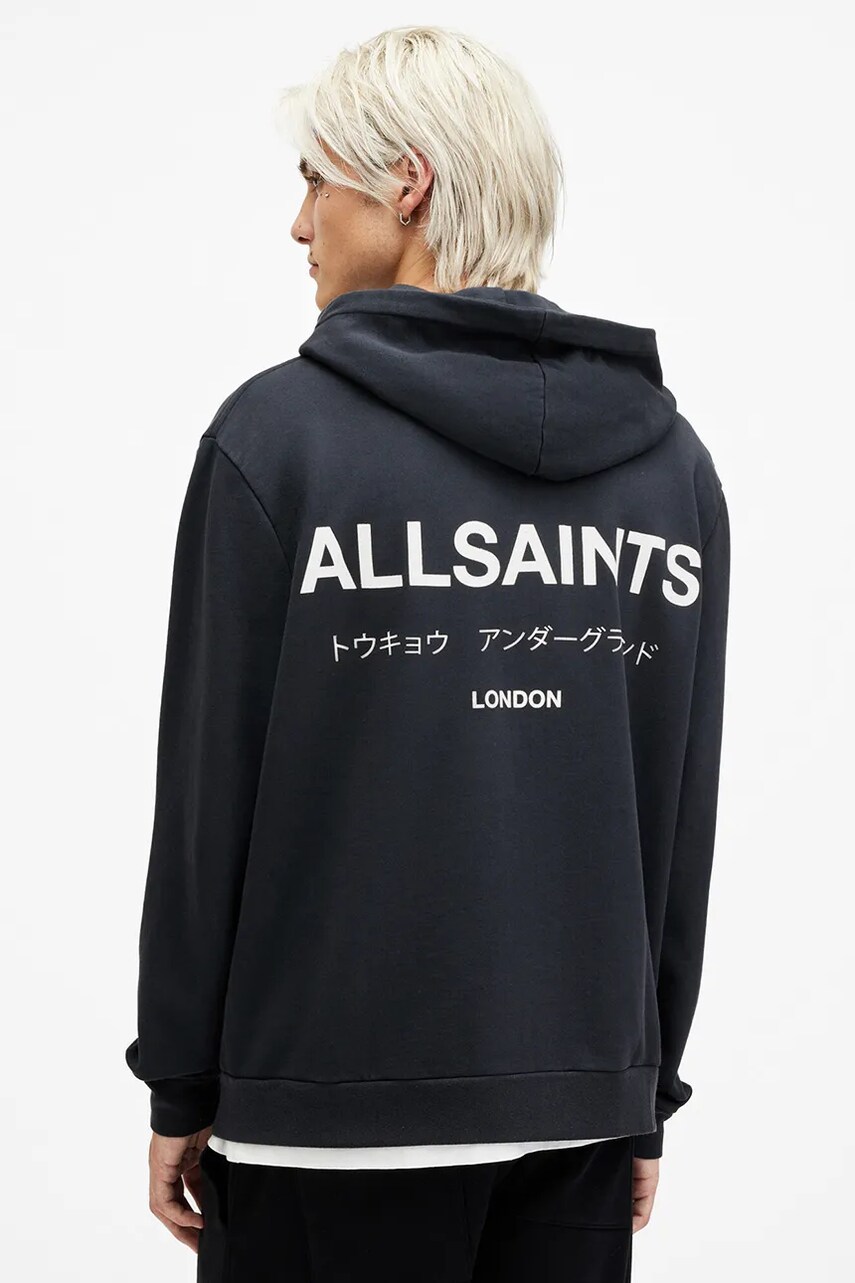 Бавовняна кофта AllSaints UNDERGROUND чоловіча колір синій з капюшоном з принтом M034NB