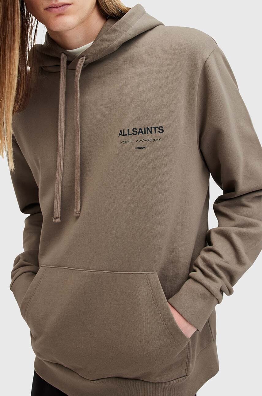 Бавовняна кофта AllSaints UNDERGROUND чоловіча колір зелений з капюшоном з принтом M034NB