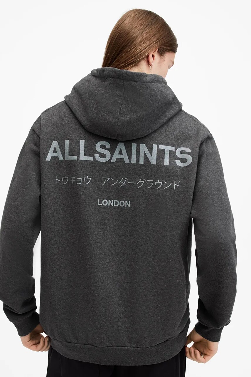 Бавовняна кофта AllSaints UNDERGROUND чоловіча колір сірий з капюшоном з принтом M034NB